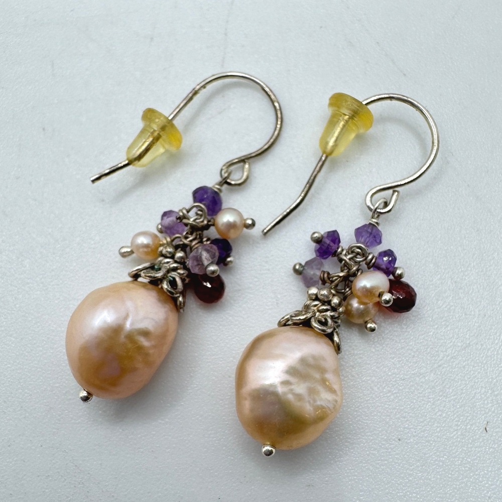 Vintage Pink Baroque Pearl Amethyst Garnet Cluster Drop Earrings Whimsy Feminine